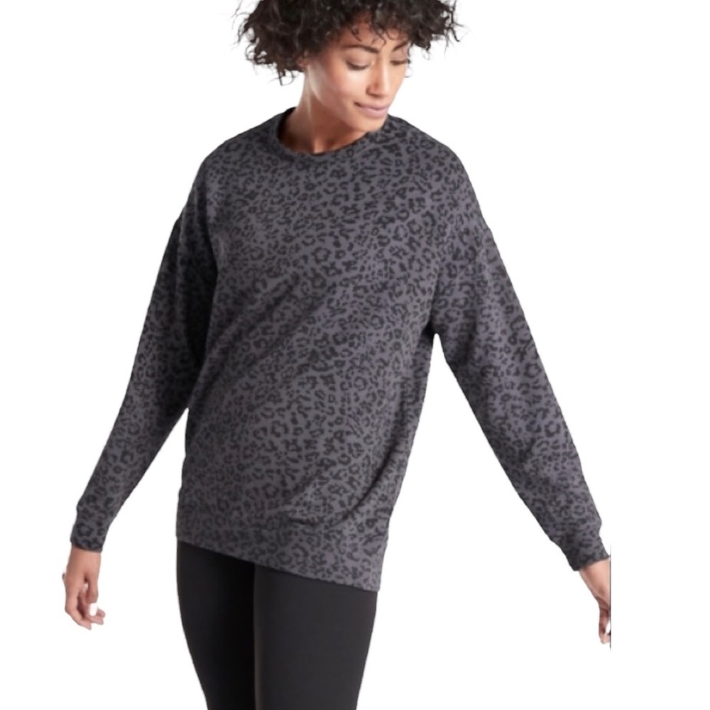 Athleta Pure Lux Leopard Print Crew Neck Oversized Sweatshirt S slouchy boxy - Picture 11 of 14